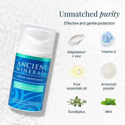 Ancient Minerals Deodorant Cream, Aluminum-Free, Eucalyptus & Mint, 2oz | Magnesium, zinc & vitamin E. Vegan, 24-hour odor protection, Eucalyptus & Mint scent. 2 oz.