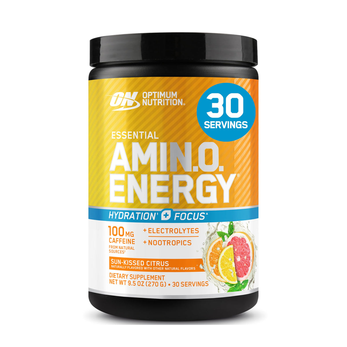 Optimum Nutrition, Amino Energy Powder Plus Focus, with Bcaa, Electrolytes, and Caffeine, Watermelon, 30 Servings | Contains BCAAs, Electrolytes, 100 mg Caffeine, 5g Amino Acids, Zero Sugar, Supports Hydration, Banned Substance Tested