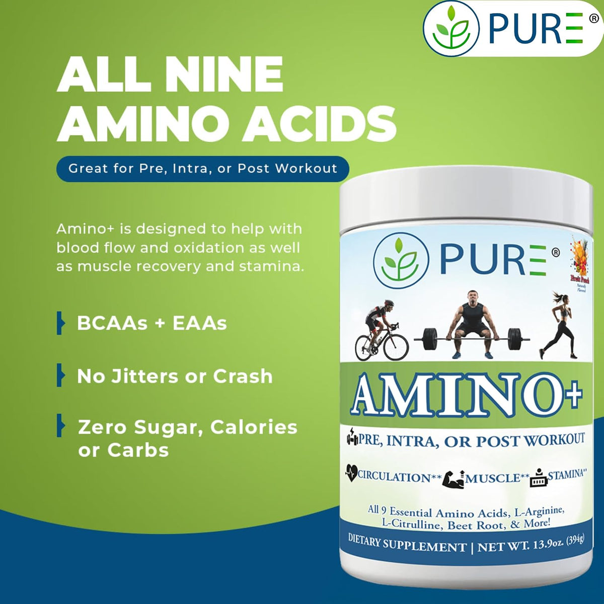 PURE® Amino+ Essential Amino Acids Powder - 30 Servings, 500g - Full Spectrum EAA with L-Arginine, L-Citrulline & Beet Root - Muscle Recovery & Hydration Drink - Fruit Punch Flavor, Made in USA