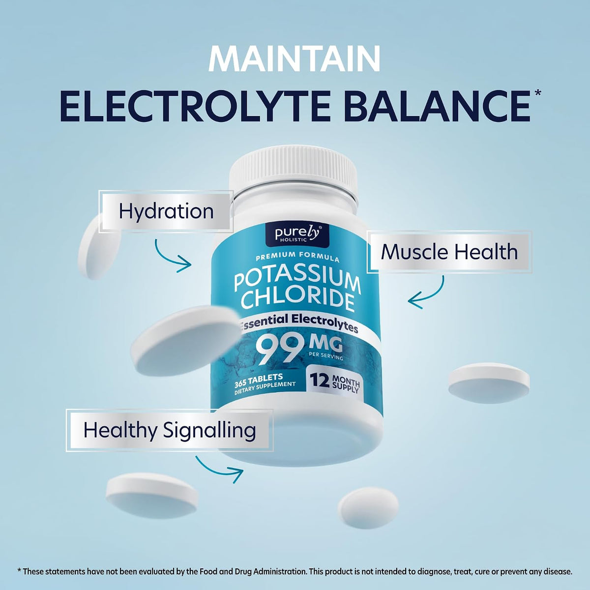 Potassium Chloride Supplement, 1 Year Supply, Heart Health & Fluid Support | With Potassium 99mg Per Serving for Circulatory Health Electrolyte & Fluid Balance Support, Gentle on Digestion, 365 Tablets