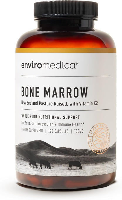 Enviromedica Grass-Fed Beef Bone Marrow Supplement, Collagen, 120 Ct | New Zealand beef bone marrow with MCHA, cartilage, collagen & vitamin K2. Freeze-dried whole-food supplement, 120 caps.