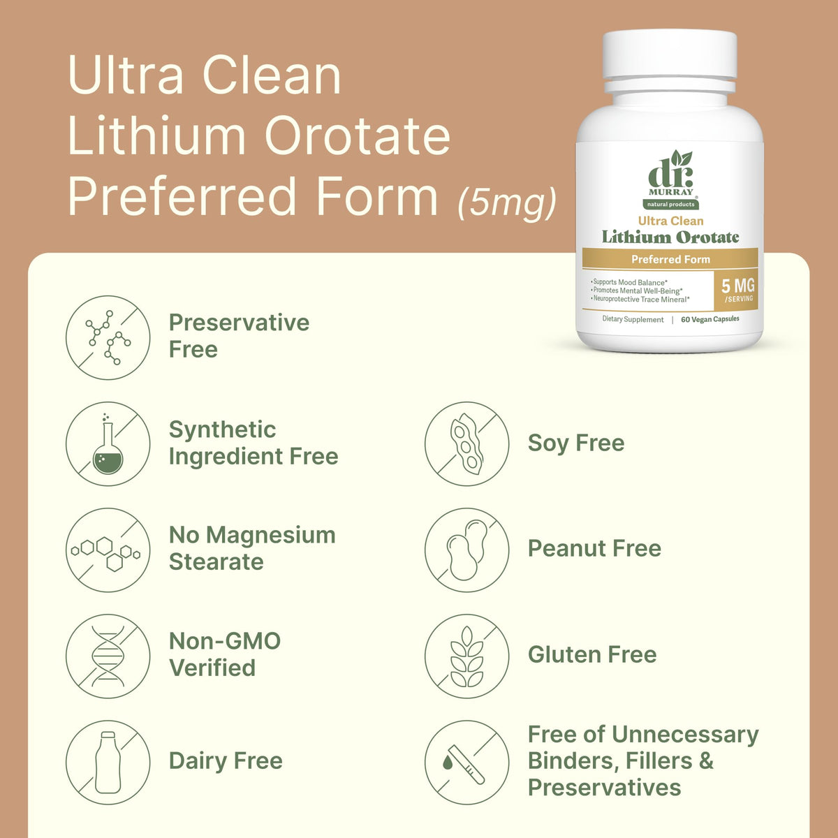 Dr. Murray's Ultra Clean Lithium Orotate 1mg Vegan Capsules - Supports Mood Balance | Cognitive Resilience | Nervous System Health | Emotional Well-Being | 90 Count