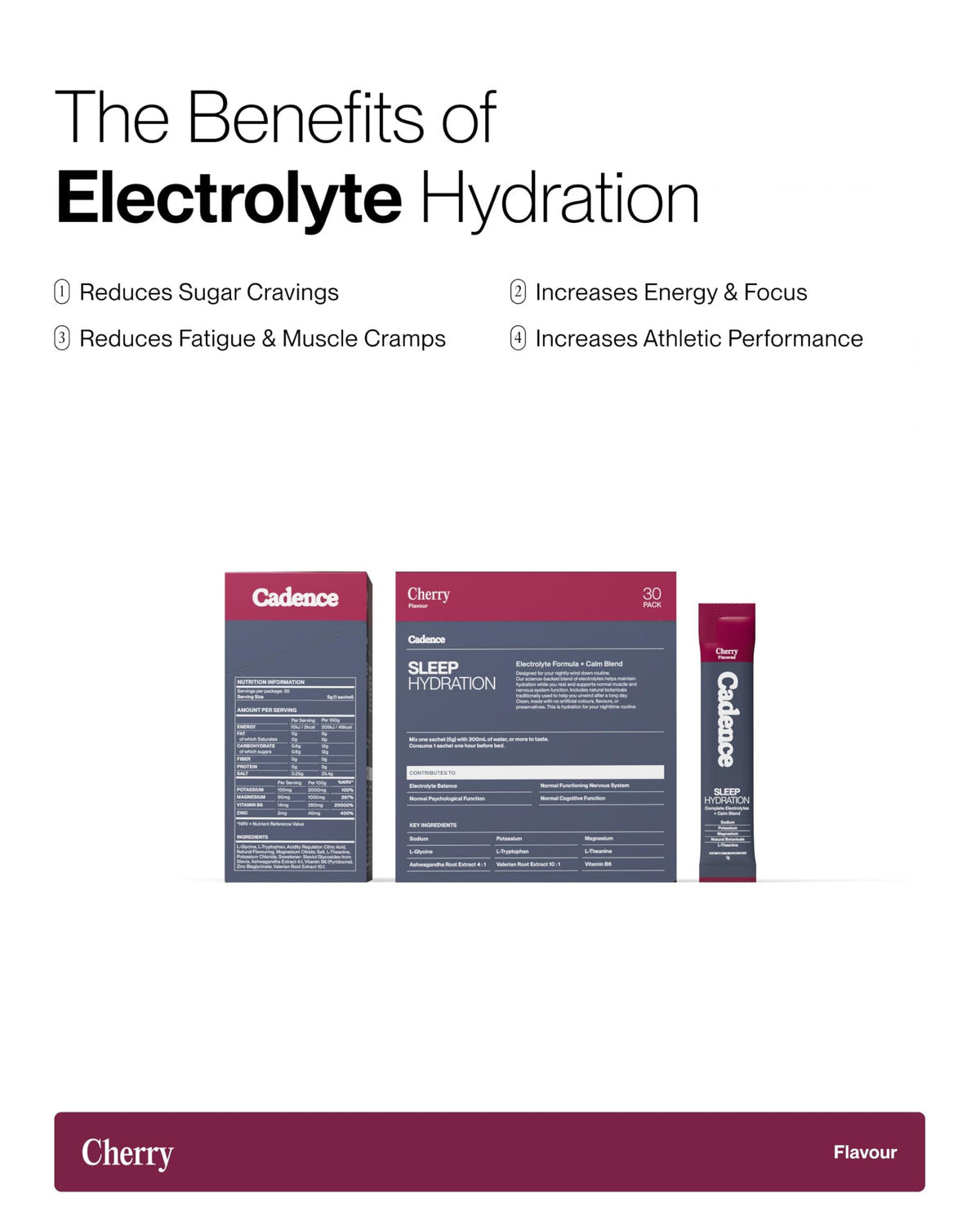 Cadence Sachets Core Melonberry - Carton (5g x 30) Science-Backed Hydration | Electrolyte Formula + Caffeine | Vegan, Keto & Paleo Friendly | Sodium, Potassium & Magnesium for Performance & Recovery