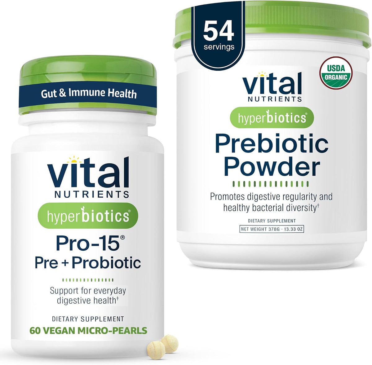 Hyperbiotics Vital Nutrients Gut Support Bundle – Pro-15 Prebiotics + Probiotics (60 Time Release Pearls) & Organic Prebiotic Fiber Powder (54 Servings) for Gut, Digestive, & Immune Health Support
