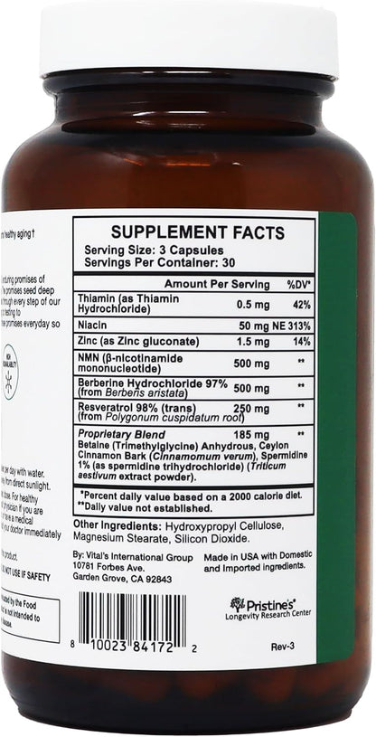 PRISTINE'S Longevity Complete NMN Resveratrol Anti-Aging Cellular Support | NMN, resveratrol and berberine in one longevity stack for anti-aging cellular support. Vegan, non-GMO, 90 count glass bottle