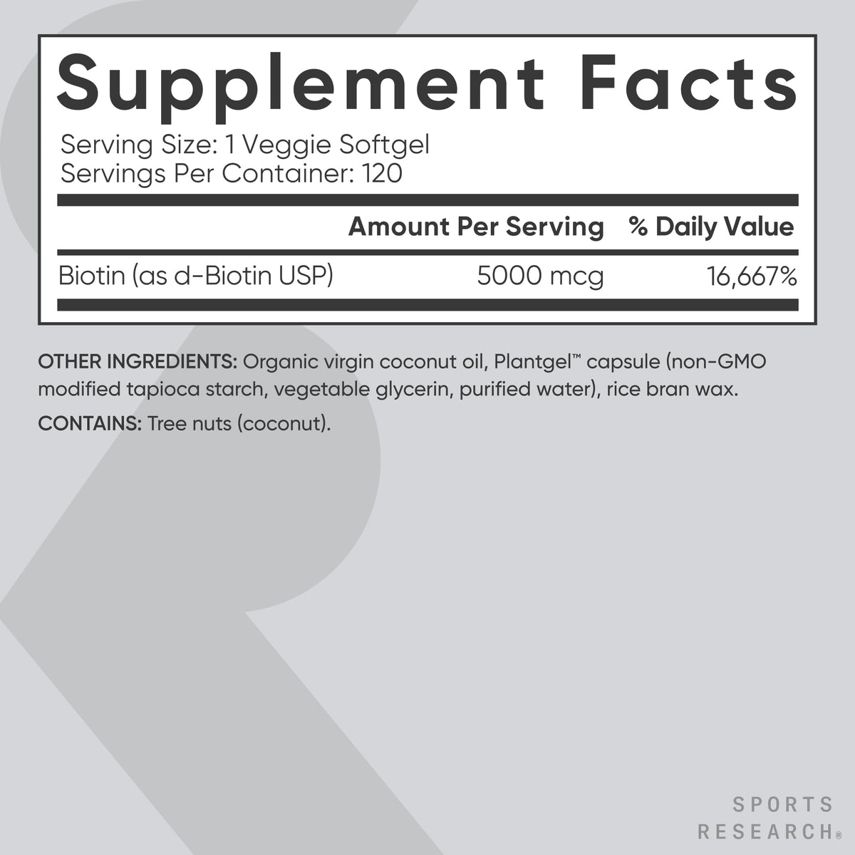 Sports Research® Biotin 10,000mcg with Organic Coconut Oil - Biotin (Vitamin B7) for Healthy Skin and Hair Support* - for Women and Men - Vegan, Non-GMO, Gluten & Soy-Free - 120 Veggie Softgels
