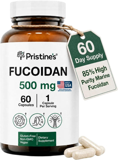 PRISTINE'S Fucoidan 500mg Brown Seaweed Extract Capsules, Vegan, 60 Count | Marine wellness support from brown seaweed extract. 60 count glass bottle, vegan, non-GMO, gluten-free, third-party tested
