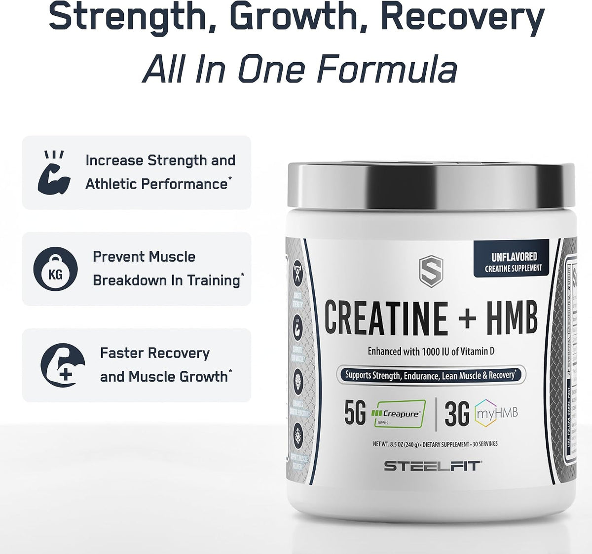 SteelFit Creatine HMB Powder - 5g Creapure Creatine Monohydrate Powder | 3g myHMB & 1000 IU Vitamin D, Workout Supplement Supports Muscle Growth, Strength, Recovery, Energy - Unflavored, 30 Servings