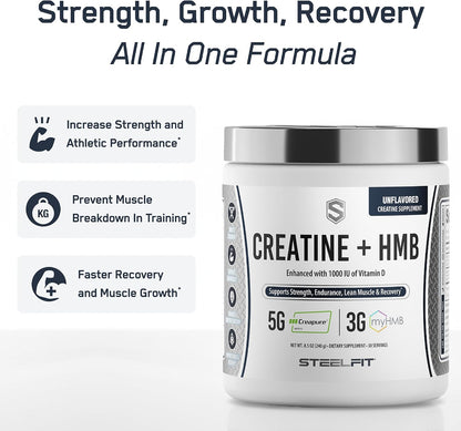 SteelFit Creatine HMB Powder - 5g Creapure Creatine Monohydrate Powder | 3g myHMB & 1000 IU Vitamin D, Workout Supplement Supports Muscle Growth, Strength, Recovery, Energy - Unflavored, 30 Servings
