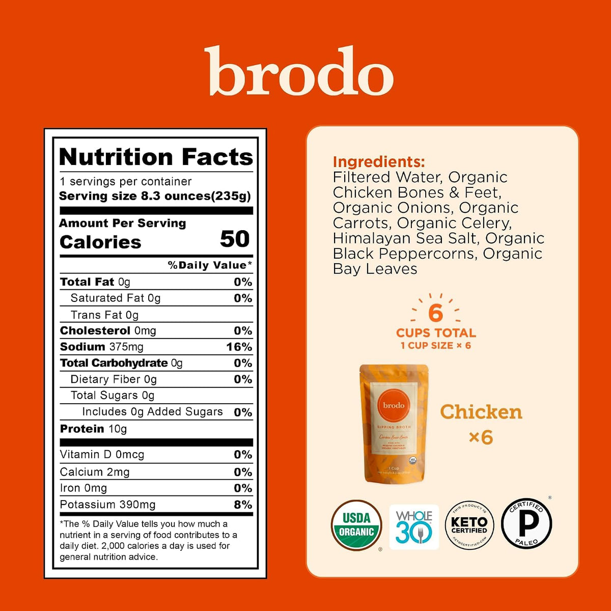 Brodo Ready to Drink Organic Chicken Collagen Rich Bone Broth (6 X 8 oz) | Organic Bone Broth with Collagen, Protein Soup & Sipping Broth for Healthy Meal Prep, Soups and Bone Broth Packets