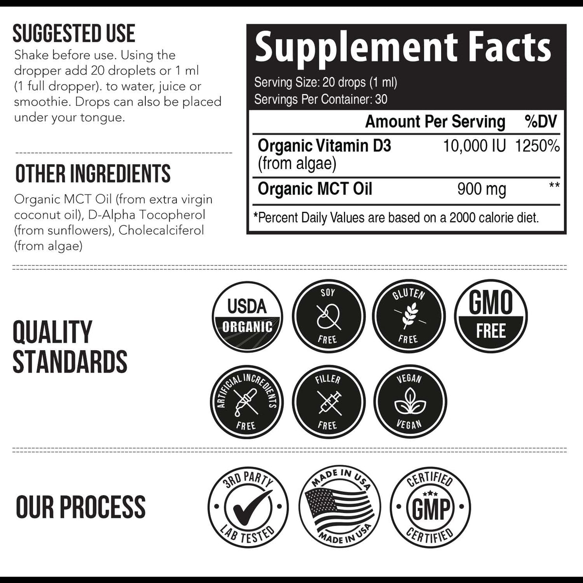 Organic Vitamin D3 10,000 IU - Plant D3, Vegan, Max Strength Sublingual Liquid D3 Drops - 200% Higher Absorption, 100% Plant-Based Cholecalciferol Form & Vegan D3, Adjustable Dosing (30 Servings)