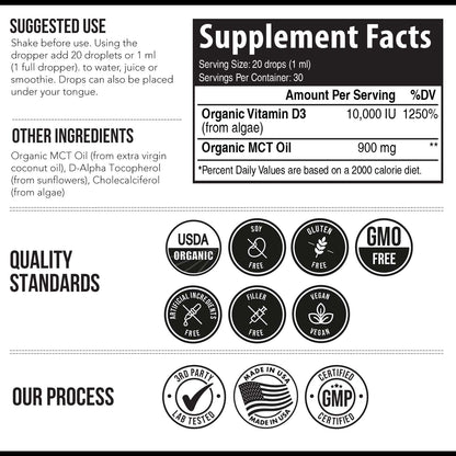 Organic Vitamin D3 10,000 IU - Plant D3, Vegan, Max Strength Sublingual Liquid D3 Drops - 200% Higher Absorption, 100% Plant-Based Cholecalciferol Form & Vegan D3, Adjustable Dosing (30 Servings)