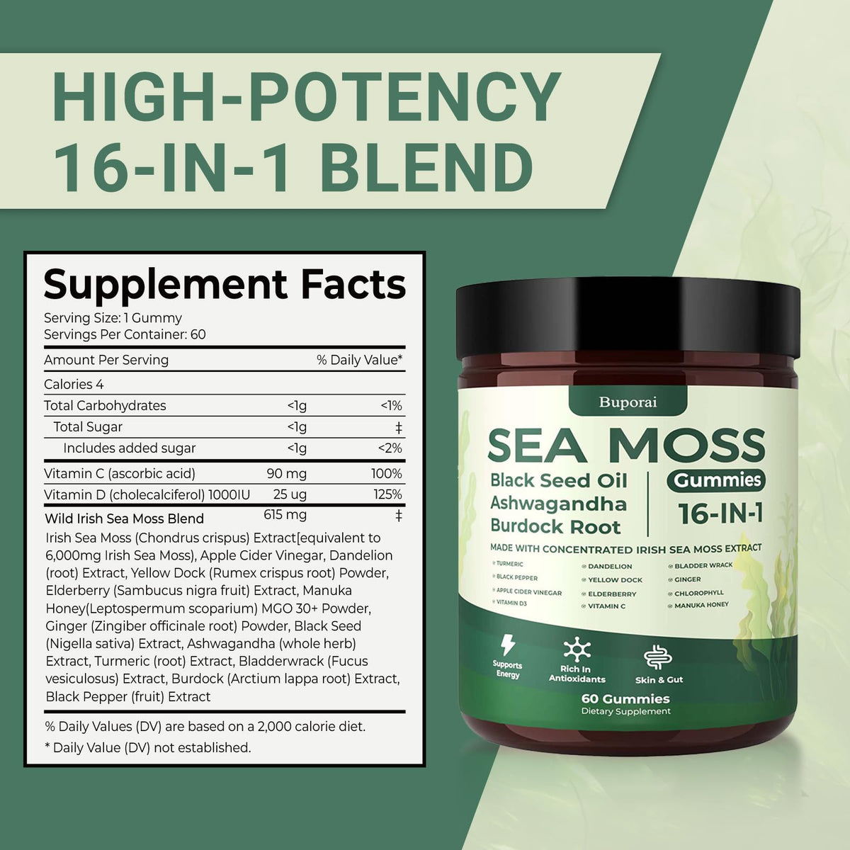 Sea Moss Gummies 16-1, Black Seed Oil Ashwagandha Turmeric Bladder Wrack Vitamin C Vitamin D3 Elderberry Manuka Dandelion Yellow Dock Apple Cider Vinegar for Men & Women