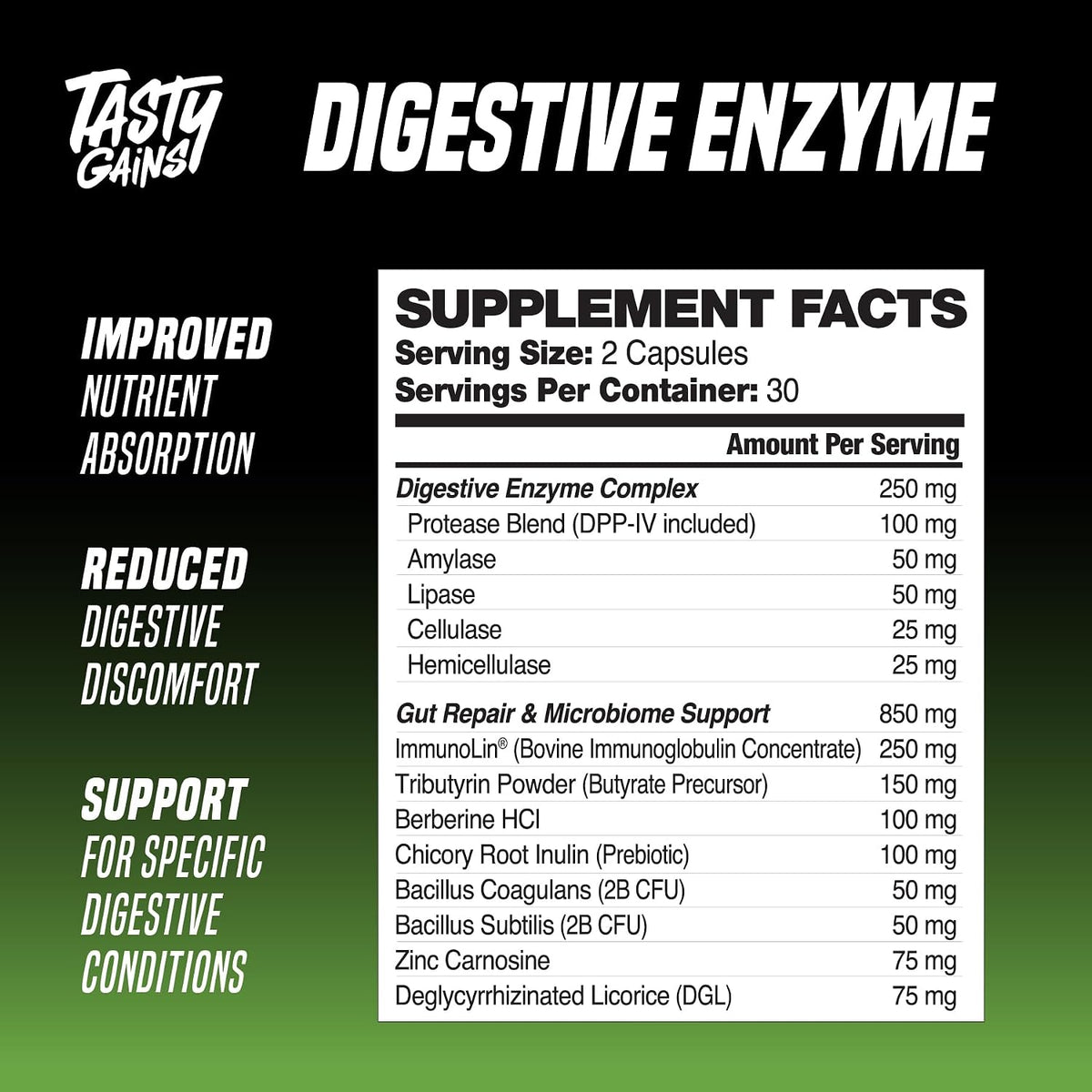 TASTY GAINS - Complete Digestive Enzymes Supplement for Gut Health - Bloating Relief for Men and Women - Enzymes for Digestion - Food Discomfort Relief & Debloat (60 Capsules)