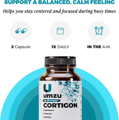 UMZU Cortigon Cortisol Support Supplement, 30 Day Supply | Ginkgo Biloba, Phosphatidylserine, Vitamins B6 and B12, Healthy Stress Response, Mood, Focus and Cognitive Support