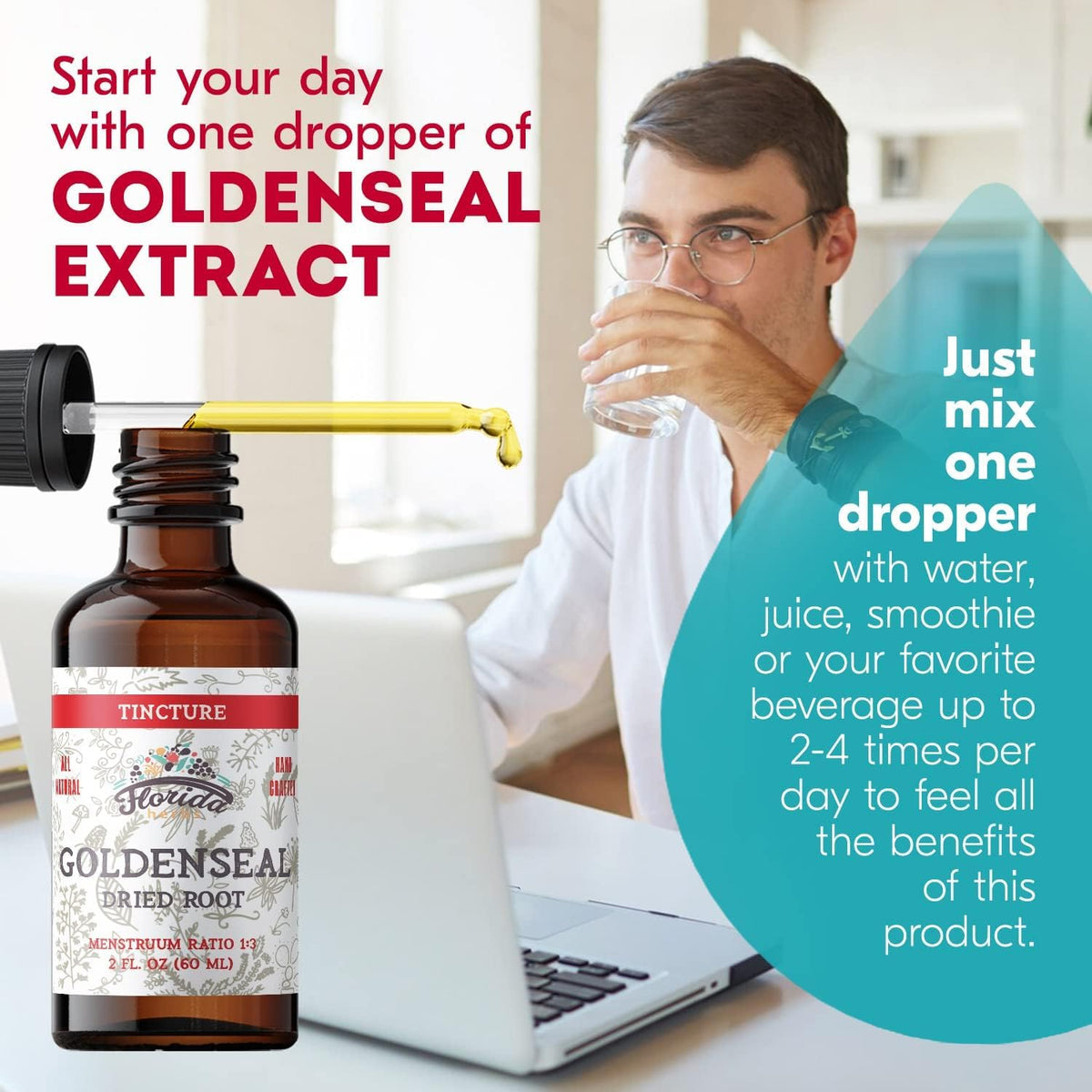 Goldenseal Tincture 2 oz – Organic Herbal Extract | Alcohol Free | Vegan Herbal Drops - Made in USA