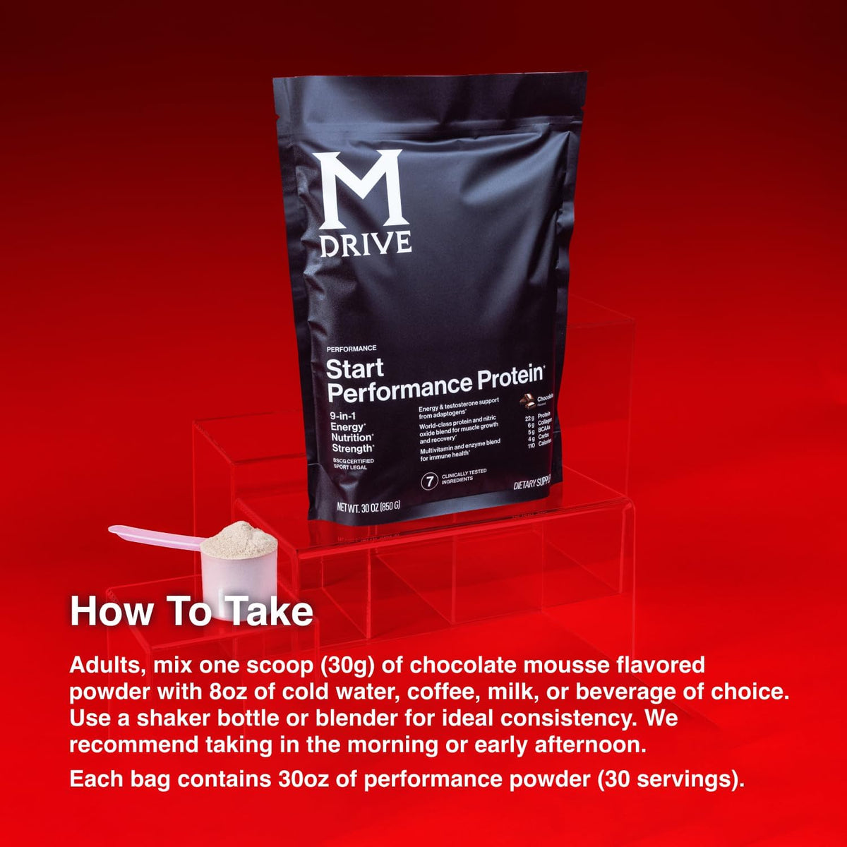 Mdrive Start Performance Protein Powder Chocolate Mousse 30 Servings | 9 in 1 Complete Nutrition Shake Adaptogen Blend Digestion Immune Nitric Oxide Recovery Dietary Supplement