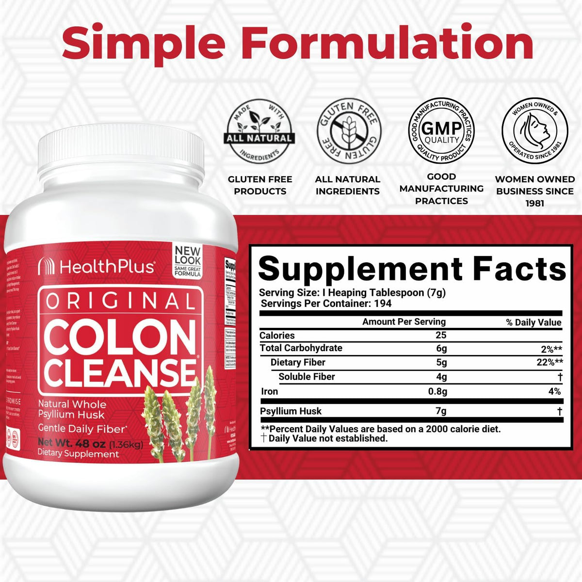 Health Plus Colon Cleanse Daily Psyllium Husk Fiber, 48 oz, 194 Servings | All-natural daily fiber; supports the body's natural detoxification processes, may reduce bloating, and promotes wellness