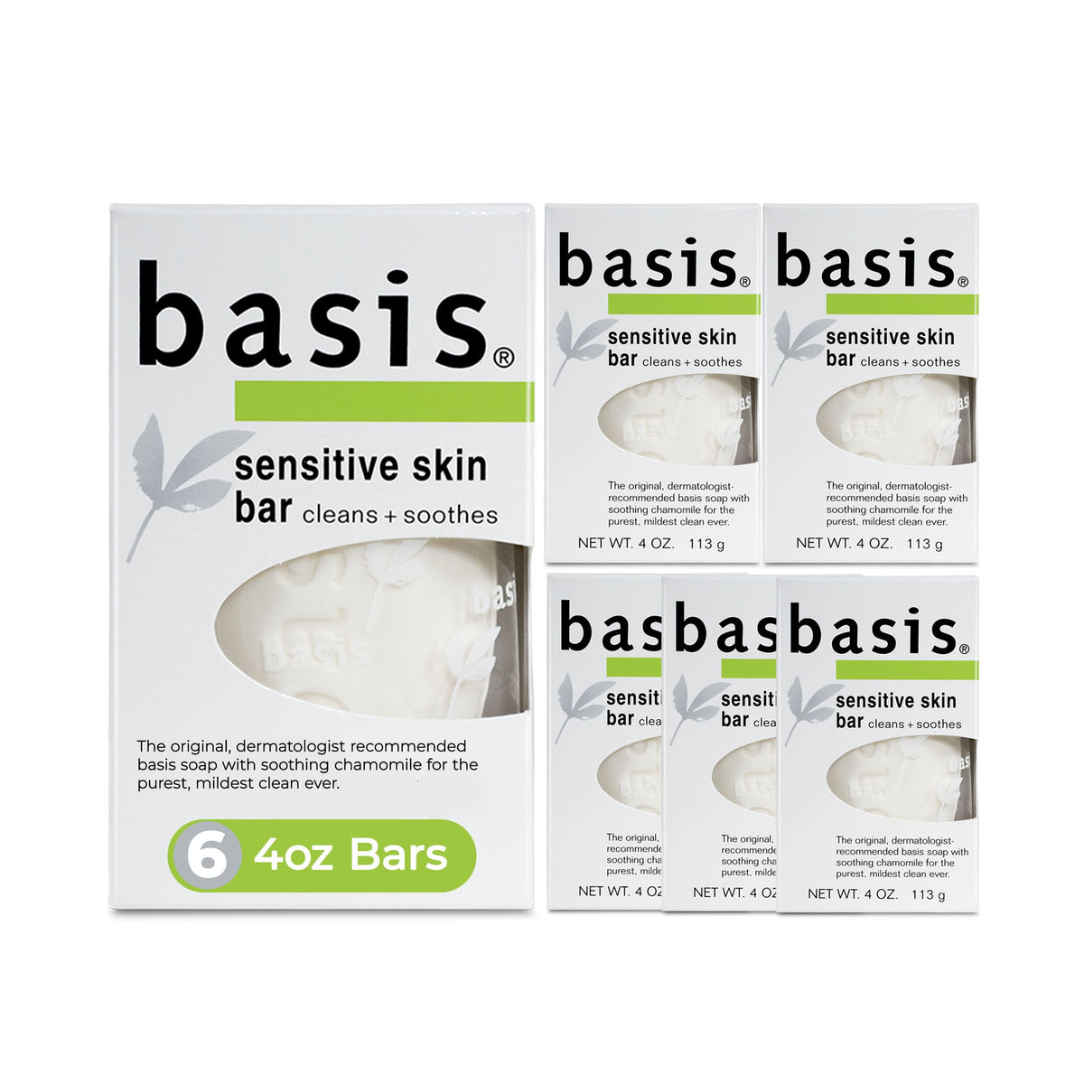 Basis Sensitive Skin Bar Soap for Body, Hands and Face, Unscented Soap Bar for Sensitive Skin with Chamomile and Aloe Vera