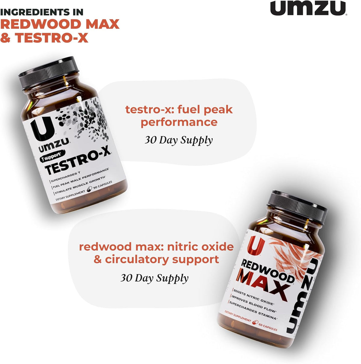 UMZU Redwood Max & Testro-X Performance Support Bundle | Nitric Oxide Circulation Formula + Men’s Daily Vitality Complex | Supports Blood Flow, Energy, Focus, Recovery & Active Lifestyle Routine