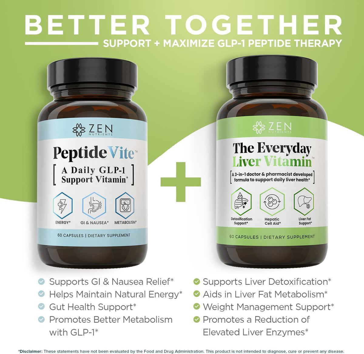 Zen Nutrients Everyday Peptide & Liver Metabolism Support Bundle - PeptideVite GLP-1 Support Vitamin for Naseau Relief & The Everyday Liver Vitamin Liver Cleanse Detox & Repair for Fatty Liver Support