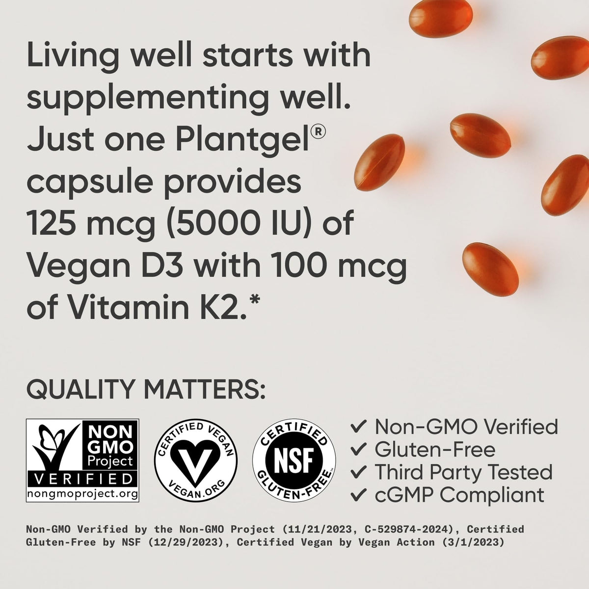 Sports Research® Vitamin D3 + K2 w/ Coconut Oil - Vegan Vitamin D 5000iu & Mk7 Vitamin K 100mcg for Bone & Immune Support - Vegan Certified · Non-GMO · Soy Free - 60 Softgels