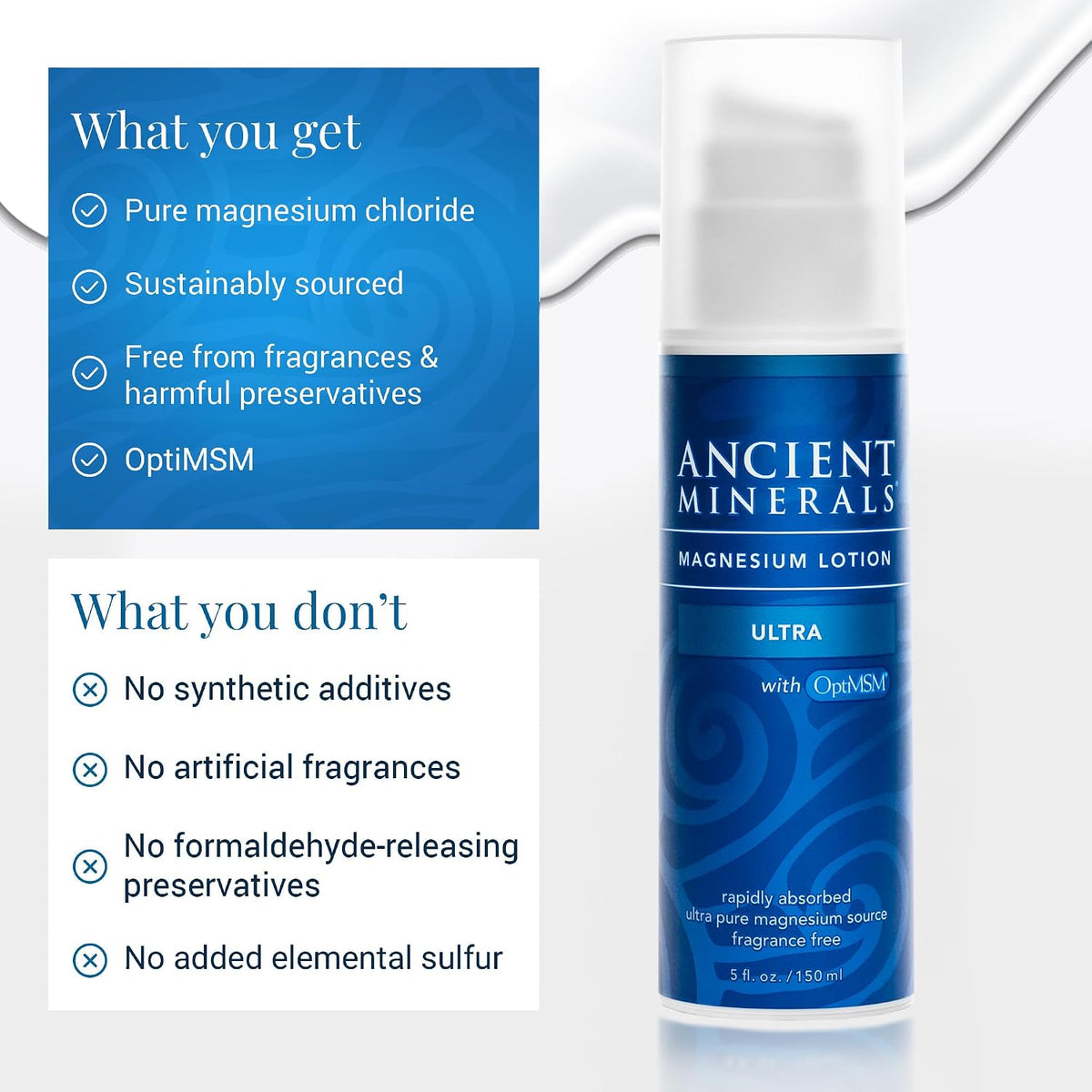 Ancient Minerals Magnesium Lotion Ultra with MSM, Zechstein, 5oz | Zechstein magnesium chloride lotion with OptiMSM for enhanced topical absorption. 5 oz.