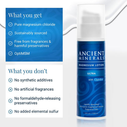 Ancient Minerals Magnesium Lotion Ultra with MSM, Zechstein, 5oz | Zechstein magnesium chloride lotion with OptiMSM for enhanced topical absorption. 5 oz.