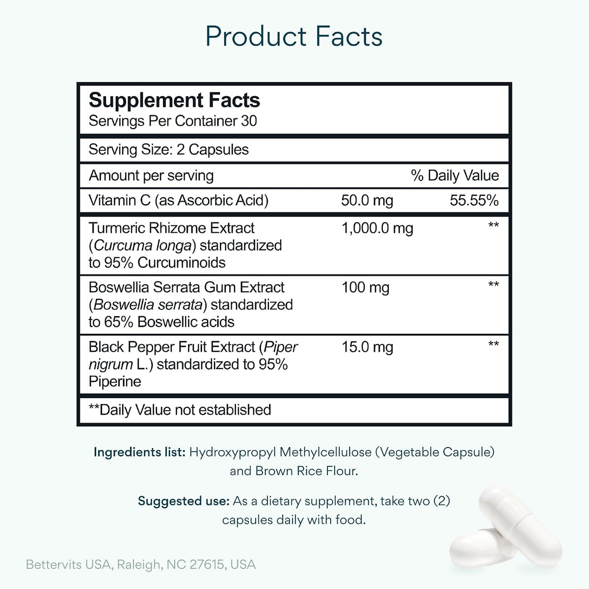 Bettervits Turmeric Curcumin Supplement with Black Pepper and Boswellia Serrata | Organic 1000mg Turmeric Supplement for Enhanced Absorption and Vitamin C | Joint Support - Non-GMO | 60 Vegan Capsules