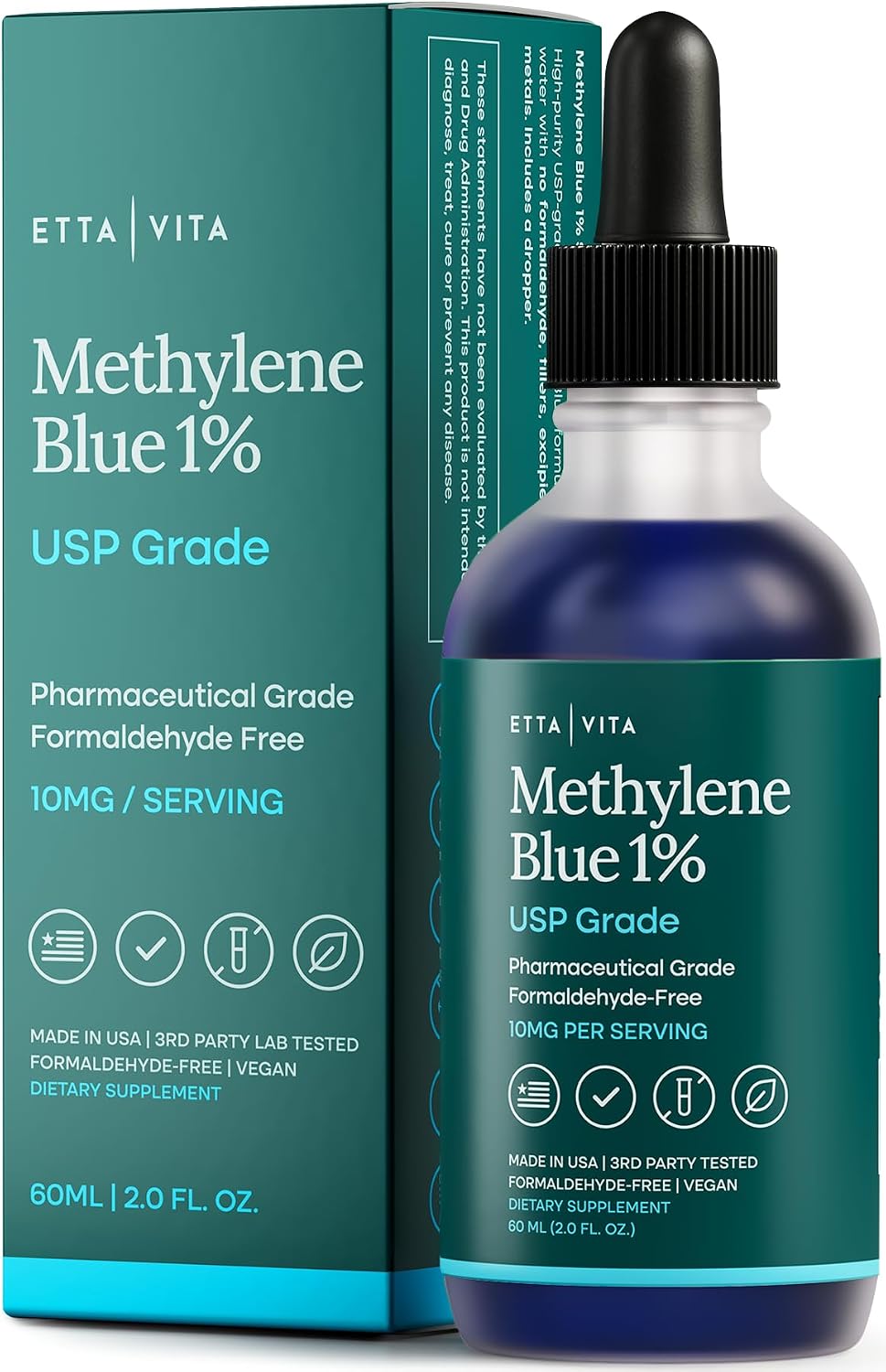 Methylene Blue Pharmaceutical Grade 99.99% Pure 1% Solution, 2oz Tincture | Methylene blue drops for energy, focus, clarity, cognition & cellular support, 3rd party tested, formaldehyde-free, USA