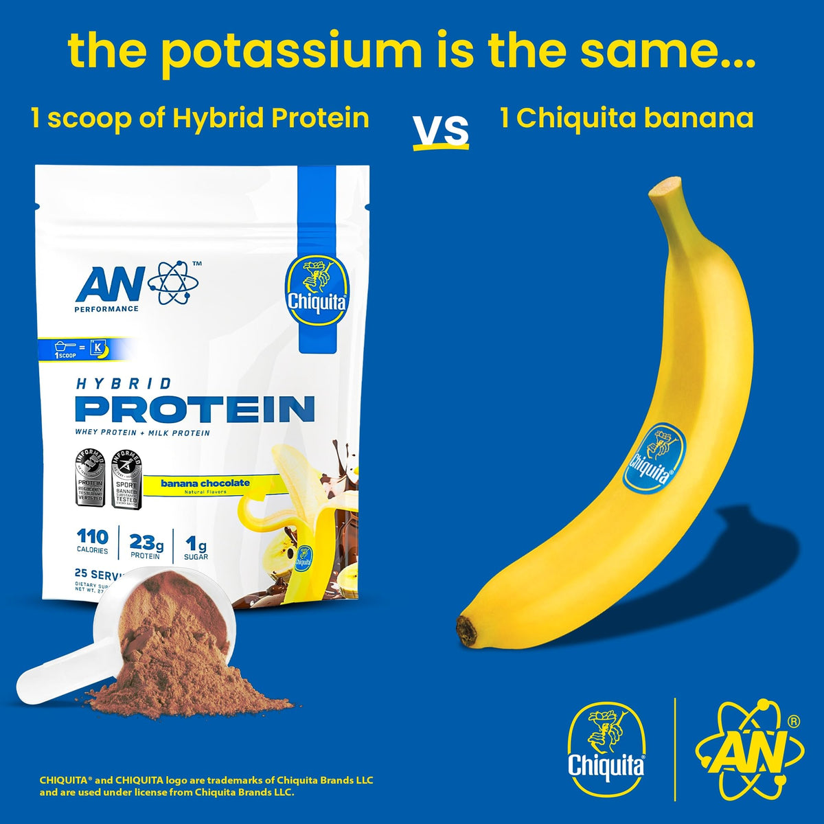 AN Performance Whey Protein Powder | Chiquita Banana Peanut Butter | 23g Protein, 1g Sugar, 100% Whey | Gluten-Free, Low Carb, Low Fat | Keto Friendly | Essential Amino Acids for Muscles | 25 Servings