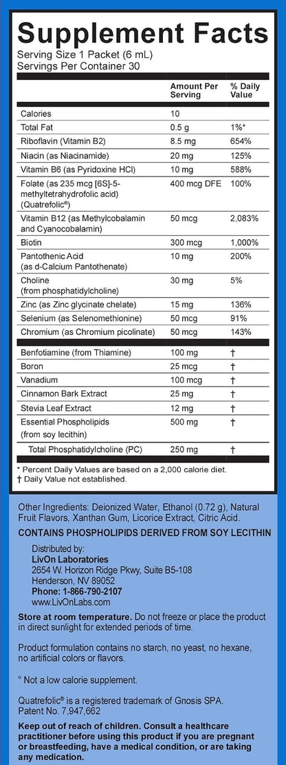 LivOn Laboratories Lypo–Spheric B Complex Plus – 30 Packets – 195 mg B Vitamins, Minerals & Cinnamon Per Packet – Liposome Encapsulated for Improved Absorption – 100% Non–GMO