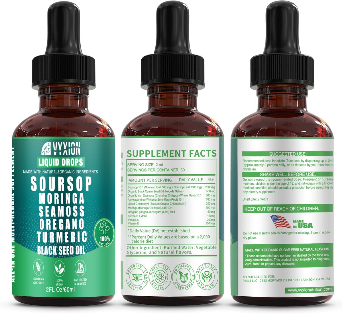 Soursop Bitters Liquid Drops 10 in 1 with Sea Moss, Moringa, Turmeric, Black Seed Oil, Oregano, Ashwagandha | Herbal Extracts for Overall Health-Enhancing |Vegan, Non-GMO| 2 Fl Oz(Mixed Berry Flavor)