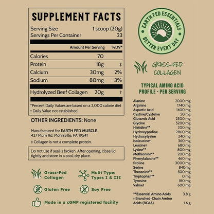 Earth Fed Muscle Collagen Peptides, Unflavored, 23 Servings | Third-Party Certified, 20g Protein, Grass Fed, Non-GMO, Hormone Free, Gluten Free, Multi-Type