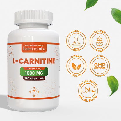 L Carnitine Supplement 1000 mg per Serving, 120 Vegetarian Capsules & Pure Form, 60 Servings