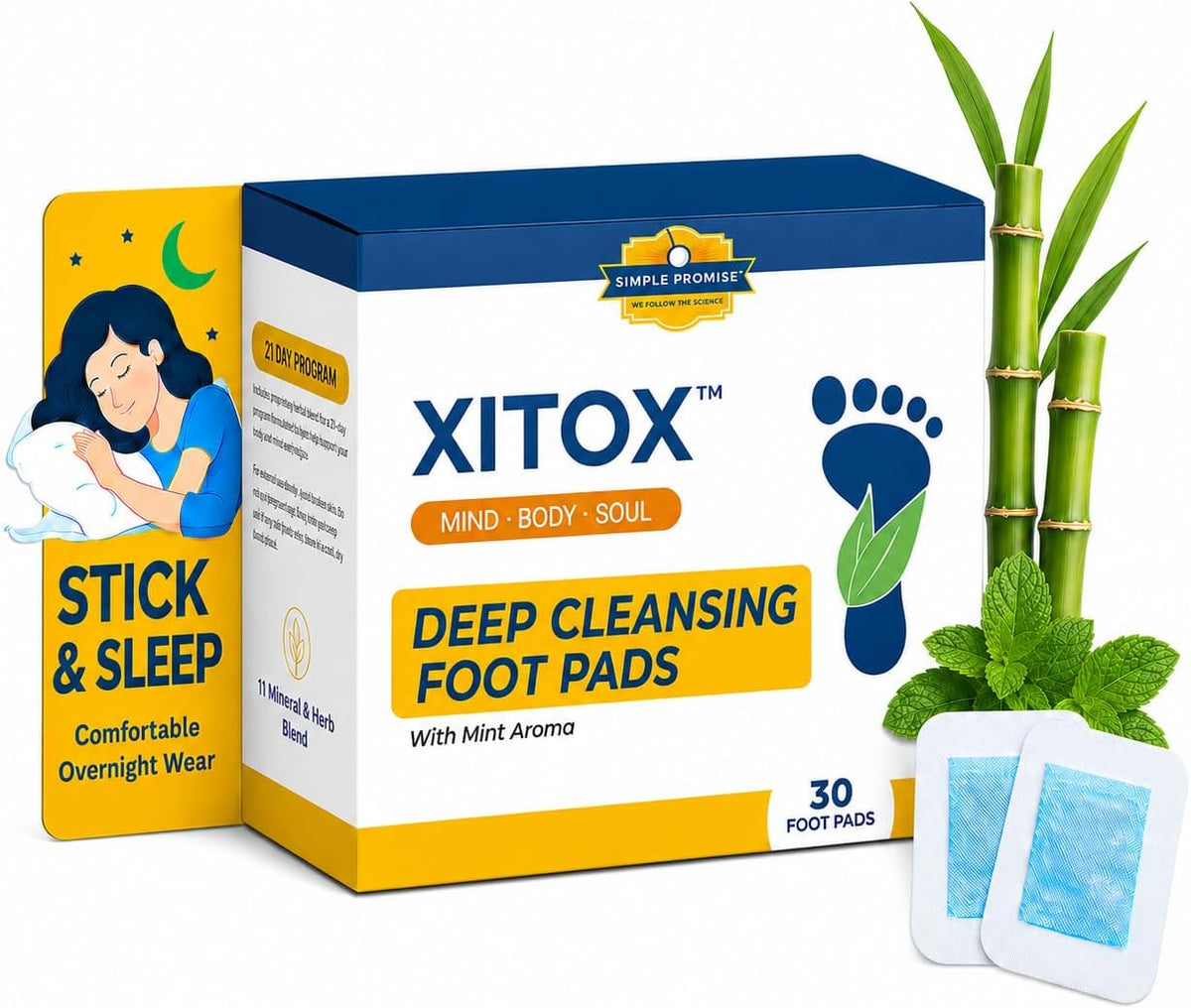 Simple Promise Xitox Foot Pads, Herbal Foot Patches for Nighttime Routine, Rejuvenates Your Body for Restful Sleep, Contains Bamboo Vinegar & Tourmaline, Easy Adhesive Application, 30 Count