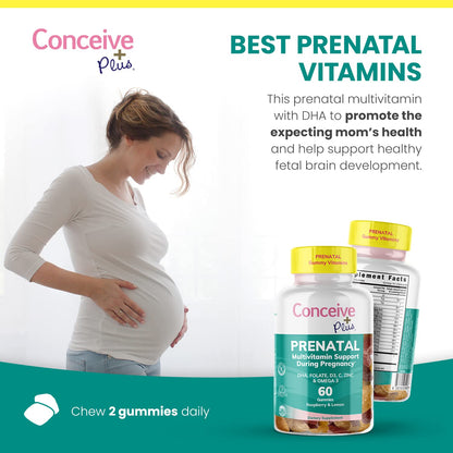 CONCEIVE PLUS Prenatal Gummies - DHA, Folic Acid, Vitamin D3, C, Zinc, and Omega 3, Natural Lemon