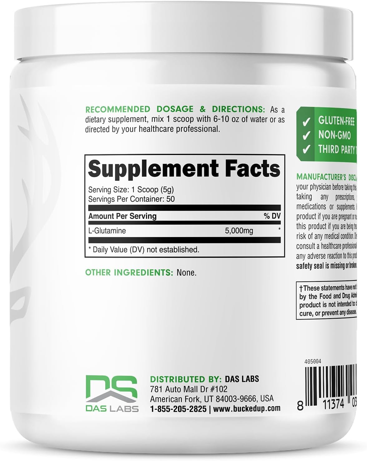 Bucked Up L-Glutamine (5000mg), Essentials (50 Servings, 250 Grams)