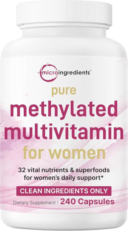 Micro Ingredients Pure Methylated Multivitamin for Women, 240 Capsules | 32-in-1 Formula with Vitamin B, C, D + Iron, Methylfolate & More | Supports Women 's Daily Wellness | Filler Free, Non-GMO