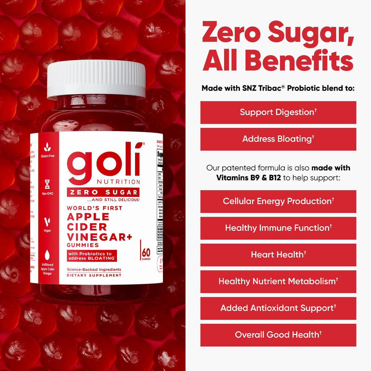 Goli Zero Sugar Apple Cider Vinegar Gummies - ACV with Vitamin B12 and Probiotics - No Sugar Alcohols - Vegan, Keto-Friendly, Gluten-Free