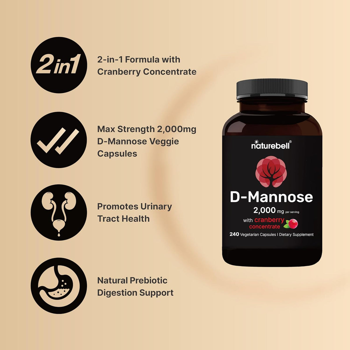 NatureBell D-Mannose 500mg Capsules (2,000mg Per Serving) | 240 Veggie Capsules + Cranberry Concentrate 40mg – Fast Acting Urinary Tract Health Pills – Ultra UTI Support for Women & Men