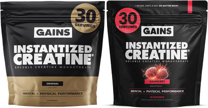 Gains in Bulk Intantized Creatine Bundle, Soluble Pre Workout Powder, Supports Muscle Building, Strength and Performance, Unflavored and Raspberry, 60 Servings