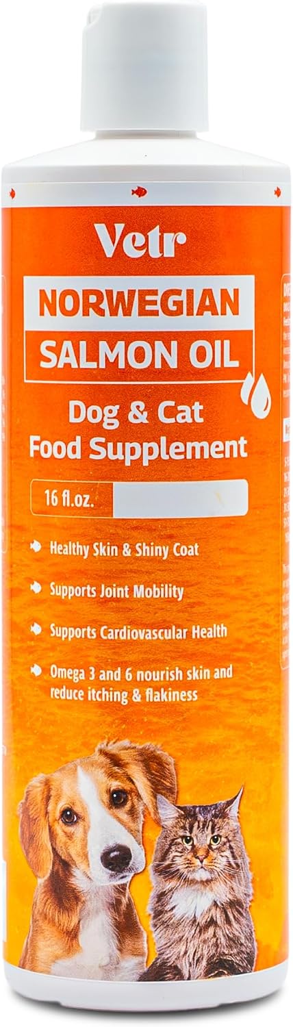 Vetr Norwegian Salmon Oil for Dogs & Cats, 16.9 oz Squeeze Bottle - Pure Wild-Caught Omega-3 Fish Oil Liquid Supplement - Supports Healthy Skin & Shiny Coat