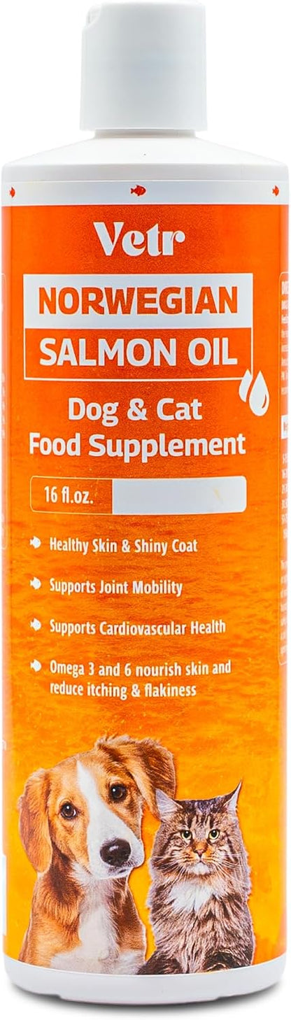 Vetr Norwegian Salmon Oil for Dogs & Cats, 16.9 oz Squeeze Bottle - Pure Wild-Caught Omega-3 Fish Oil Liquid Supplement - Supports Healthy Skin & Shiny Coat
