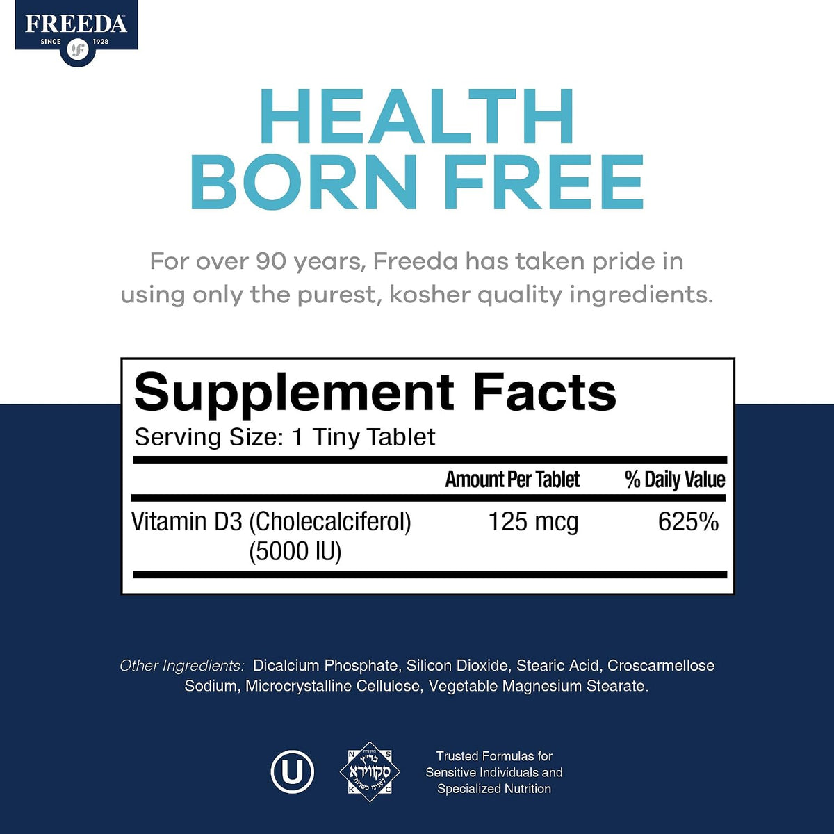 FREEDA Vitamin D3-5000 IU - Pure High Potency Kosher Supplement Tablets - Bone and Muscle Health, Calcium Absorption, Immune Support for Men and Women* - 250 Count | High Potency Vitamin D3 Supplement with 5000 IU Tablets - Support Bone Health, Muscle Fun