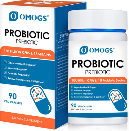 OMOGS Probiotics 180 Billion CFUs 18 Strains, 3 Prebiotics, Helps Digestive, Gut Health, Immune, Supports Occasional Constipation, Diarrhea & Gas - for Women & Men, 90 Capsules
