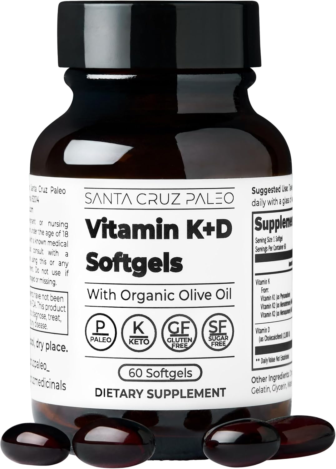 Santa Cruz Paleo Vitamin K2 + D3 Softgels, Daily Supplement with Organic Olive Oil, Includes Vitamin K1 & Two Forms of K2, Supports Heart & Bone Health, Gluten Free, Sugar Free, Paleo, Keto, 60 Count