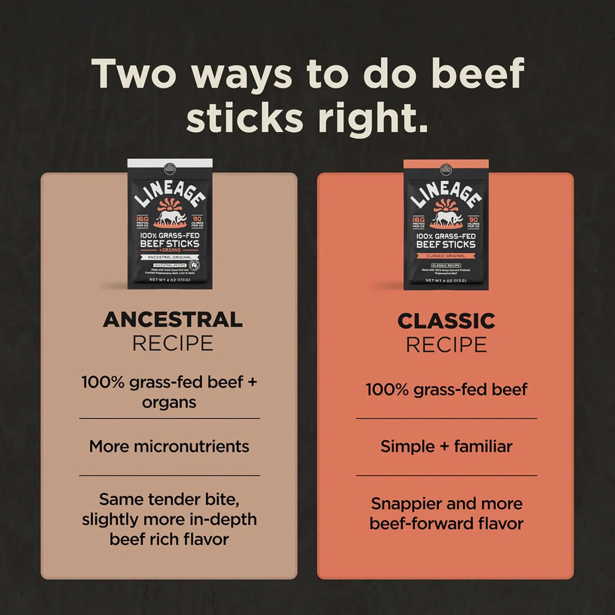 Lineage Provisions Grass Fed Beef Sticks, 3-Pack | Ancestral recipe with 16g protein per oz, air dried high protein snack for energy and everyday snacking.