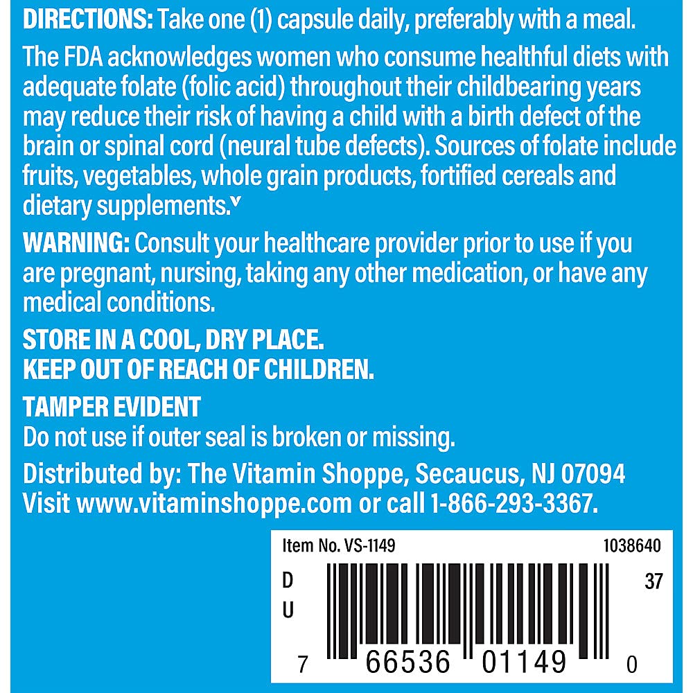 The Vitamin Shoppe Folic Acid 800MCG, Supports Prenatal & Fetal Development (300 Capsules)