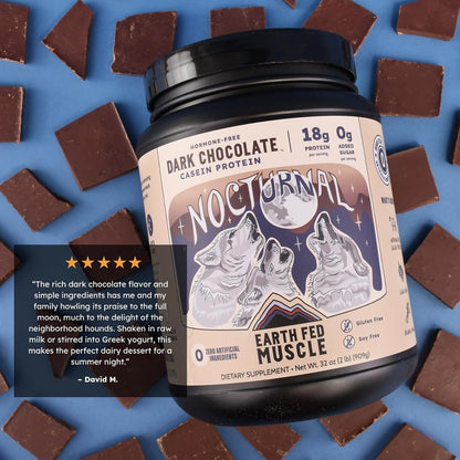 Earth Fed Muscle Nocturnal Casein Protein, Dark Chocolate, 23 Servings | Slow-digesting micellar casein & whey blend, 18g protein, sugar free. Ideal nighttime shake for overnight muscle recovery.